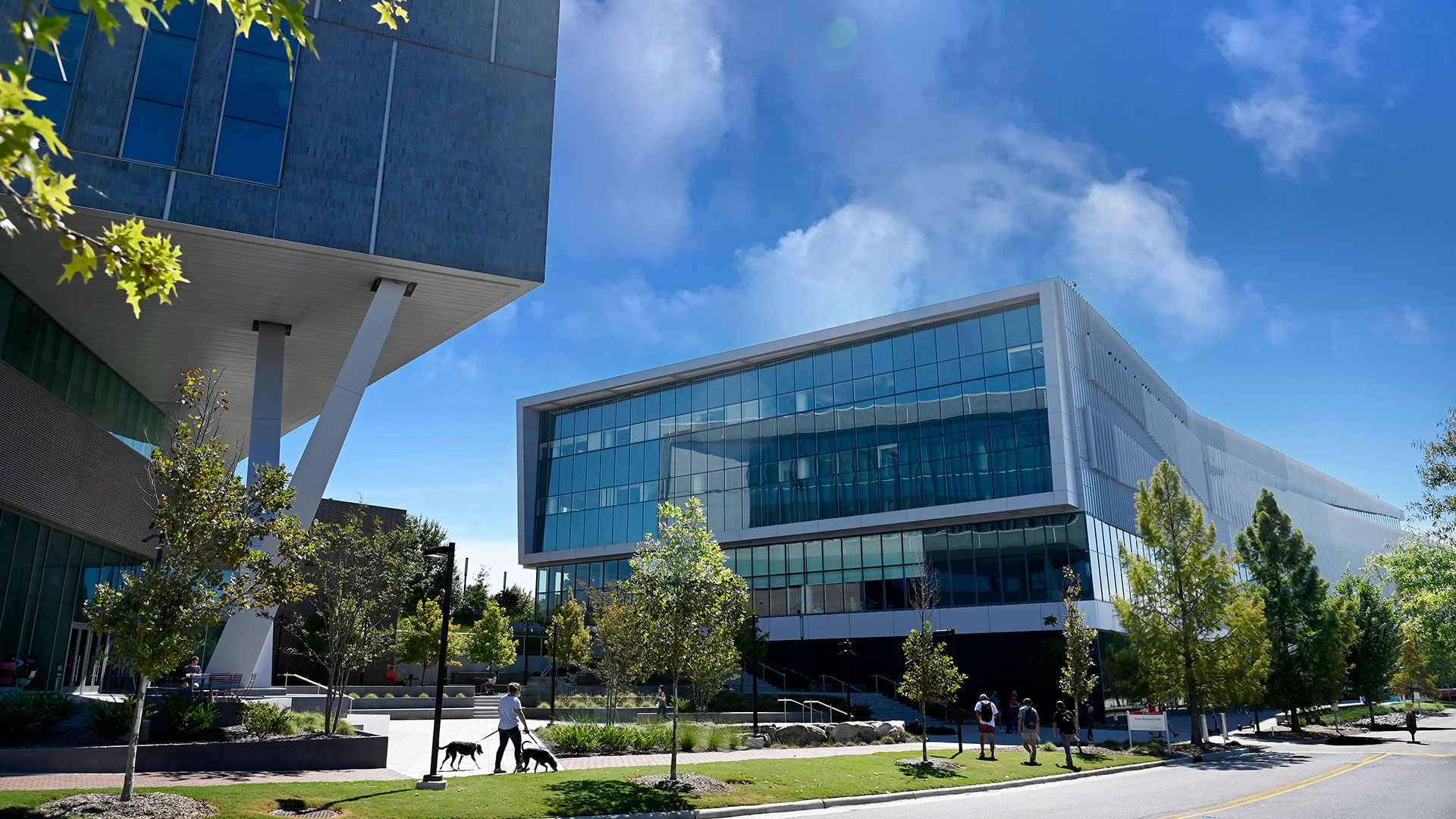 An exterior view of Hunt Library and Fitts-Woolard Hall.