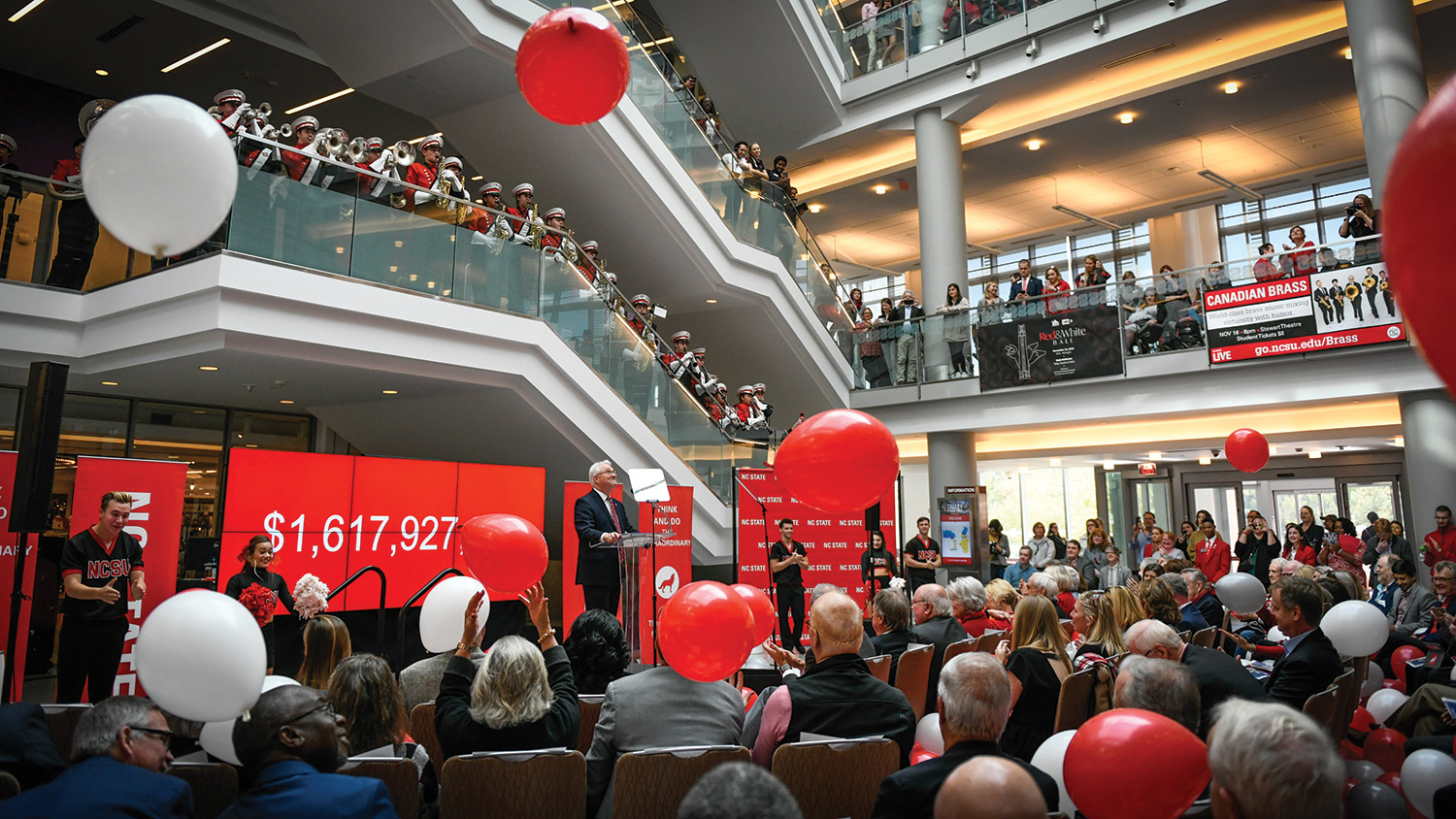 Chancellor Randy Woodson addresses the crowd at the annual State of the State address during Red and White week.