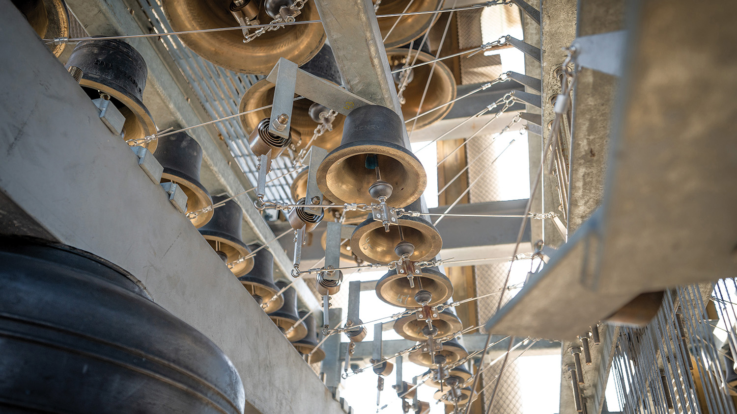 A new set of bells at the top of the Memorial Belltower.