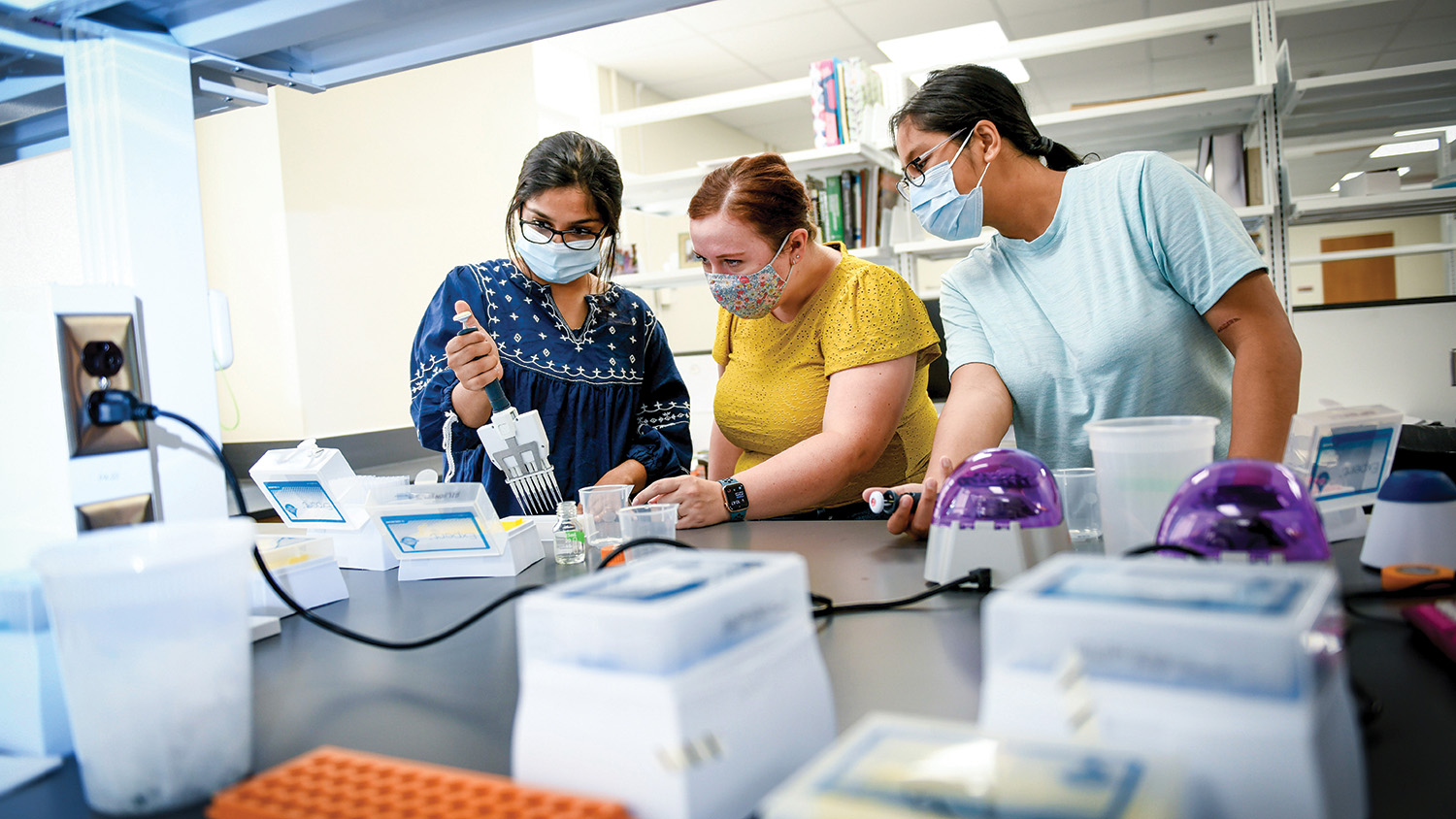 Researchers use pipettes in a lab.