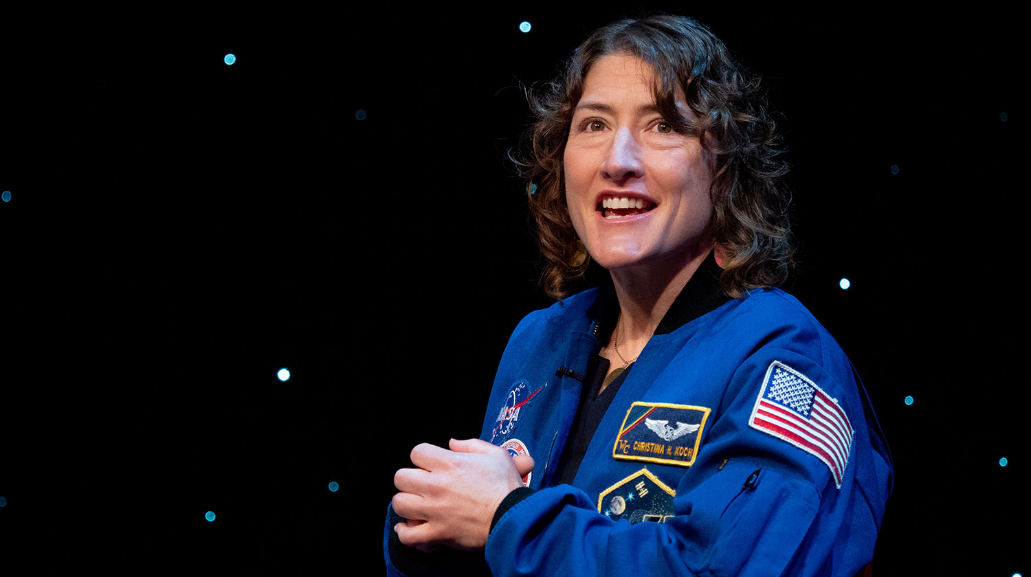 Astronaut and NC State alumna Christina Koch speaking on campus during Red and White Week 2023.